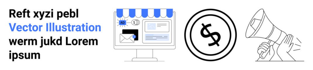 Computer setup with online store interface, currency coin, and megaphone for promotion. Ideal for e-commerce, digital payments, marketing, small business, advertising, online sales and branding in