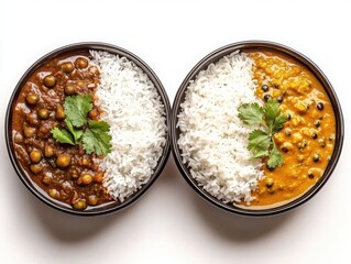 Two bowls of Indian food with rice and curry