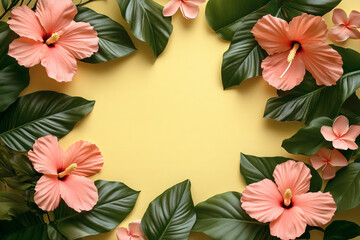 Fototapeta premium tropical Monstera leaves and colorful flowers, border frame with copy space on yellow background, tropical summer aesthetic vibe.