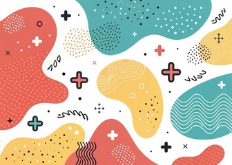 Colorful Abstract Memphis Style Background with Organic Shapes and Doodles