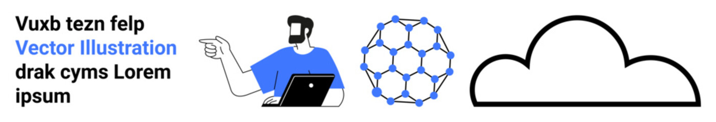 Man pointing while working on a laptop, geometric molecular structure, and cloud graphic. Ideal for tech, connectivity, innovation, AI, research, cloud computing flat landing page banner