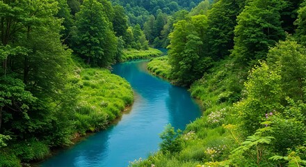 Scenic river flowing through green forest landscape