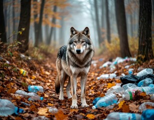 Wolf standing amidst littered forest path with a serious expression and autumn foliage background