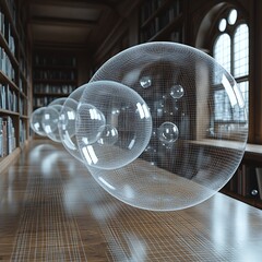 Empty desk, abstract wireframe spheres hovering, natural window light, eye-level shot.