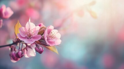 A close-up of pink cherry blossoms against a blue sky.