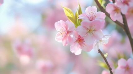 Obraz premium A close-up of pink cherry blossoms against a blue sky.