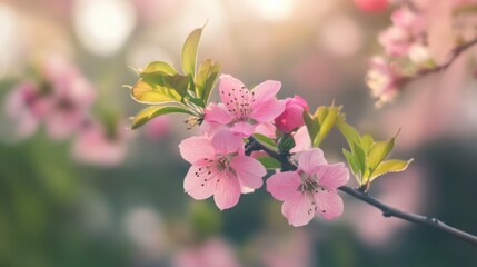 Obraz premium A close-up of pink cherry blossoms against a blue sky.