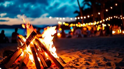 Bonfire party at night video footage. Friends chilling out at tropical beach with campfire and lights motion picture clip. Coastline celebration at Summer - Powered by Adobe