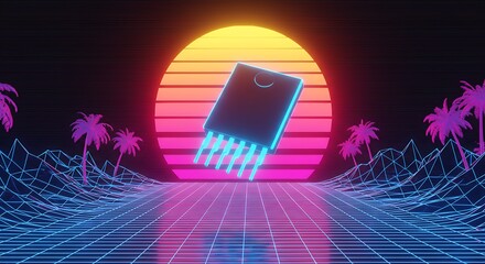 Retro Synthwave Chip Flying Over Landscape with Palm Trees and Sunset