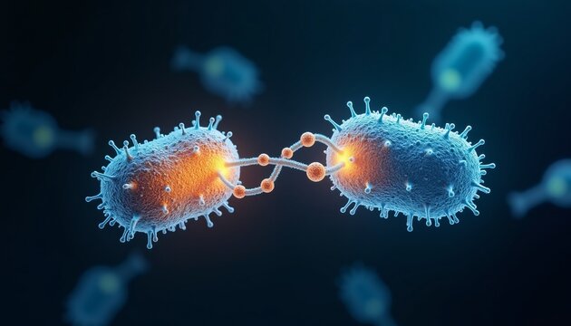 "Bacterial conjugation: Two E. coli connected by a pilus transferring plasmids, glowing genetic material."