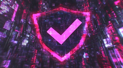 Futuristic digital shield with a checkmark glowing in a vibrant, neon-lit cyber environment
