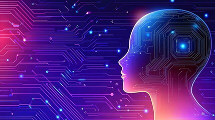 Futuristic digital silhouette of a human head against a vibrant circuit board background