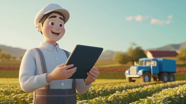 3D cartoon of a happy farmer holding an iPad in his hands, with a farm in the background and a blue truck on the farmland