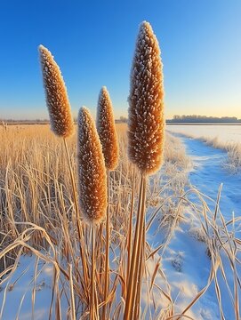 Frost kissed foxtails in a sunlit winter landscape under a blue sky