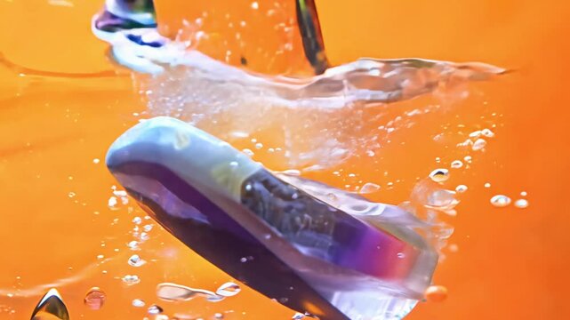 Super slow motion video of falling rainbow fluorite stone into water, isolated on orange background, with backlit lighting for vibrant colors