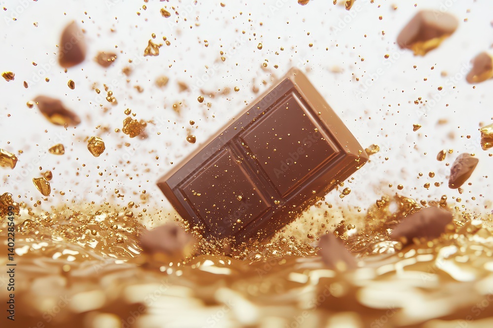 Poster a chocolate bar splashing into a pool of golden liquid, creating a dynamic explosion of flavor