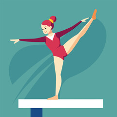 Gymnast performing an elegant balance pose on a beam in vector art 