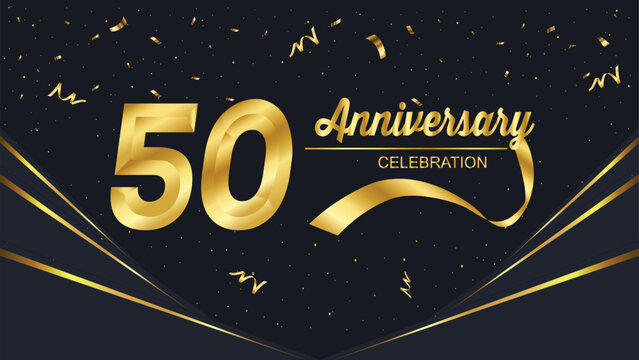 A luxurious 50th anniversary celebration design featuring bold golden typography, ribbons, and shimmering confetti on a sleek black background for a festive, elegant occasion.