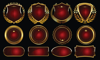 Luxury premium golden badges, shield with laurel wreath security shield vector and gold circle badges labels art icons collection set