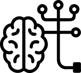 This shows stylized illustration of brain connected to network, symbolizing artificial intelligence and neural networks. design is simple and abstract, using black lines on transparency background