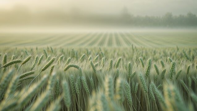A sprawling lush green wheat field with a dramatic cinematic to the lighting creating a serene and picturesque pastoral scene