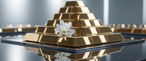 Golden Bars in Pyramid Formation on Reflective Surface with Flower