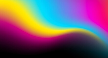 Fluid abstract design featuring smooth gradients and wavy patterns. Dominant colors include bright yellow, cyan, magenta, and black, blending seamlessly. 