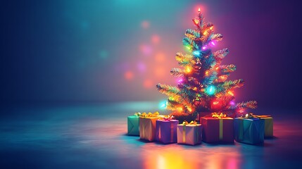 Shiny Christmas tree with vibrant neon lights and an array of colorful presents
