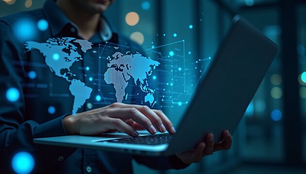 Image of data processing over diverse business people using laptop global business and digital interface concept digitally generated image.