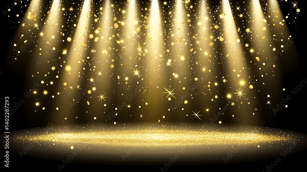 Aufkleber golden spotlight illuminating a shimmering stage with sparkling particles, creating a festive atmosp