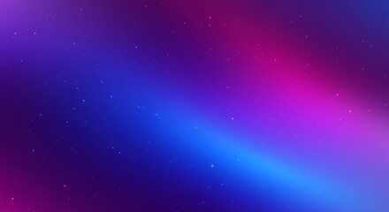 A digital abstract design features a smooth gradient of rich blues, purples, and pinks blending seamlessly across the canvas, resembling fluid waves or auroras. Small white specks scattered throughout
