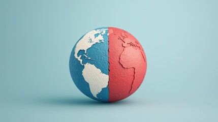 Colorful Globe with Textured Surface Representing Two Different Continents and Regions Against a Soft Blue Background