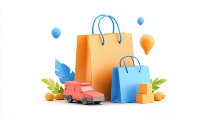 Shopping bags, delivery truck, balloons.