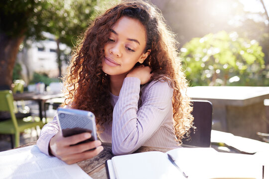 University, books or girl with phone in park for internet, social media or school newsletter info. Education, smartphone or gen z student on elearning app, scholarship or campus registration sign up