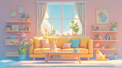 明るいリビングルームの窓から差し込む光と黄色いソファ ピンクの壁と植物が並ぶ穏やかなインテリア空間
