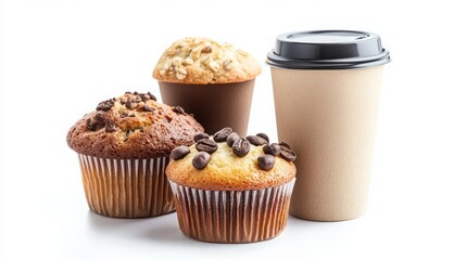 White background showcasing a travel breakfast set: muffin and coffee.