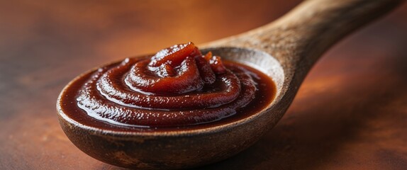 Rustic Wooden Spoon Holding Flavorful Tamarind Sauce.