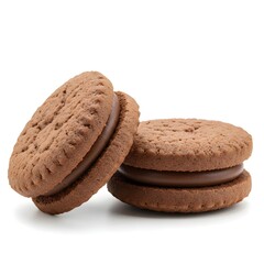 Two Chocolate Cocoa Cookies with Creamy Cocoa Filling on White Background Tasty Snack Isolated for Food Design and Packaging