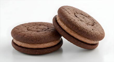 Two Chocolate Cocoa Cookies with Creamy Cocoa Filling on White Background Tasty Snack Isolated for Food Design and Packaging
