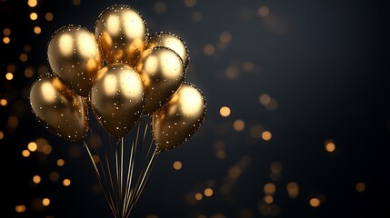 Obraz premium Cluster of Golden Helium Balloons with Sparkling Confetti on Dark Luxury Background – Elegant Party Celebration Scene for Festive Events, Birthdays, or New Year Design