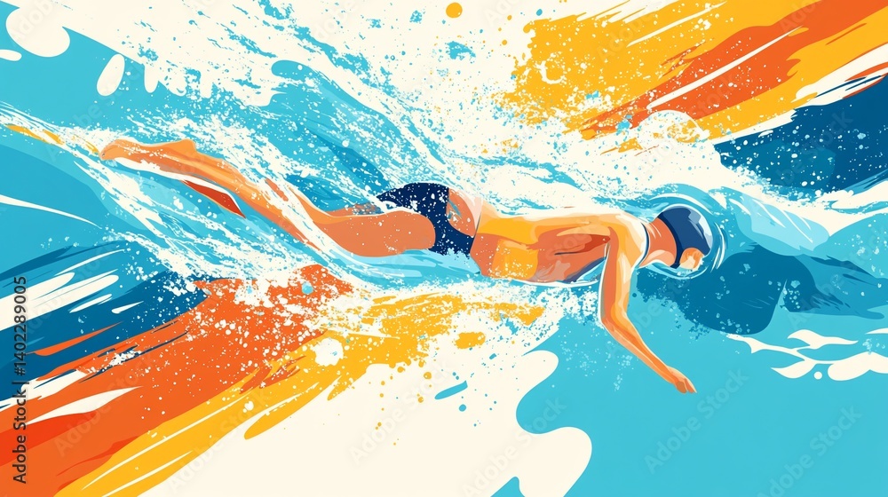 Poster abstract illustration of a swimmer in action with dynamic splashes of colors