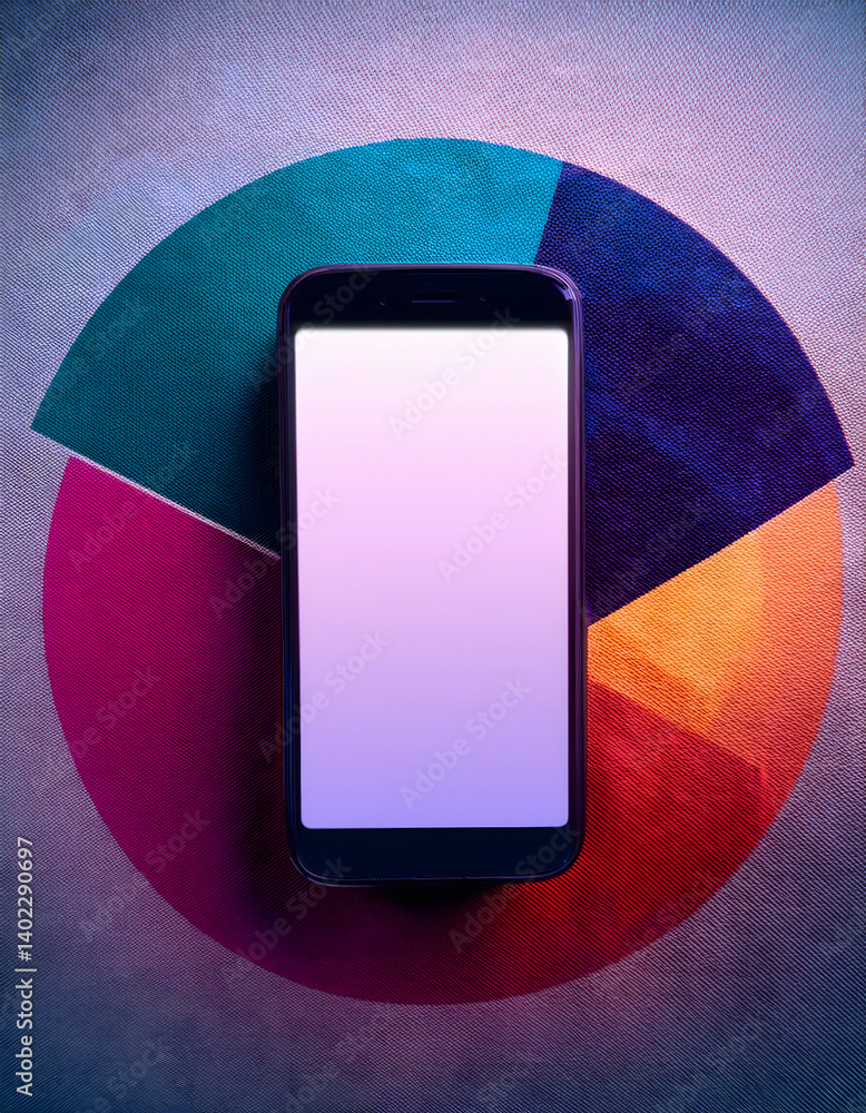Poster smartphone displayed against a colorful geometric background