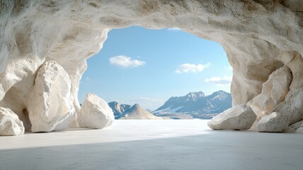 Scenic mountain view through rocky cave opening under a clear blue sky.