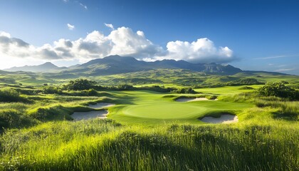 Obraz premium Breathtaking Golf Course Landscape with Mountains and Green Fairway Under Blue Sky in Donegal, Ireland
