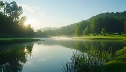 Obraz premium Serene Golf Course Lake at Dawn with Fog and Sunlight, Green Fairway, Natural Landscape