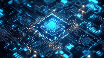 Obraz premium A close-up of a computer chip or motherboard, with glowing orange lights highlighting the intricate circuitry.