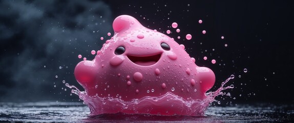 Playful Pink Blob Character Splashing in Dark Background