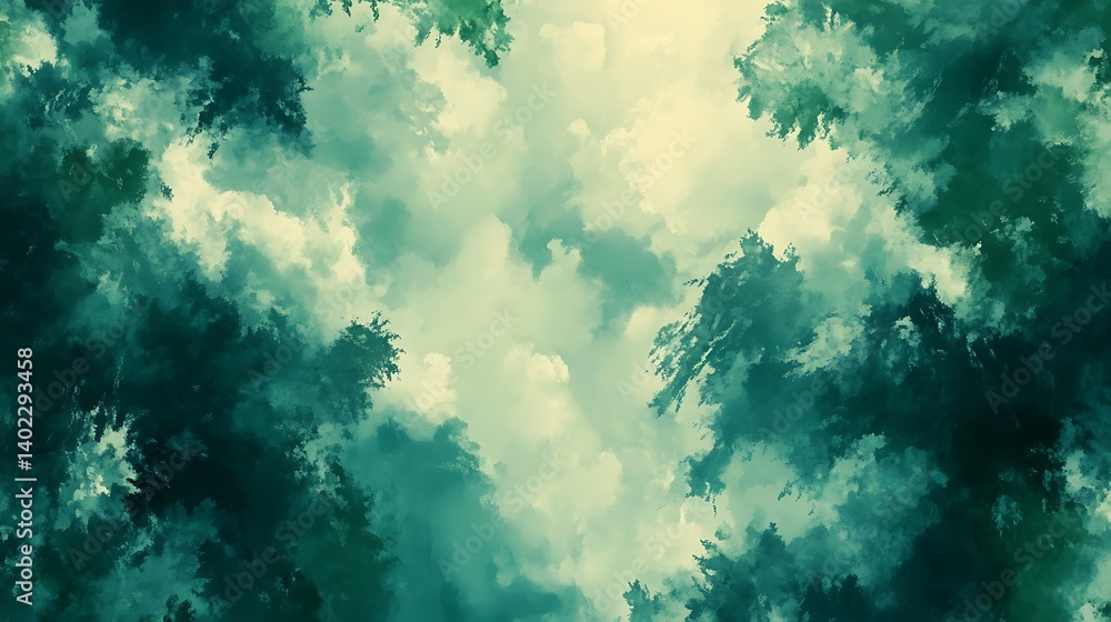 Poster lush green forest canopy with soft clouds above, creating a serene and tranquil atmosphere