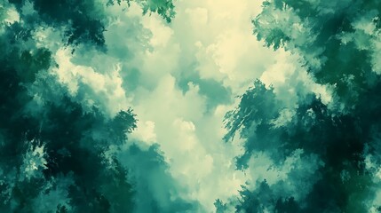 Obraz premium Lush green forest canopy with soft clouds above, creating a serene and tranquil atmosphere