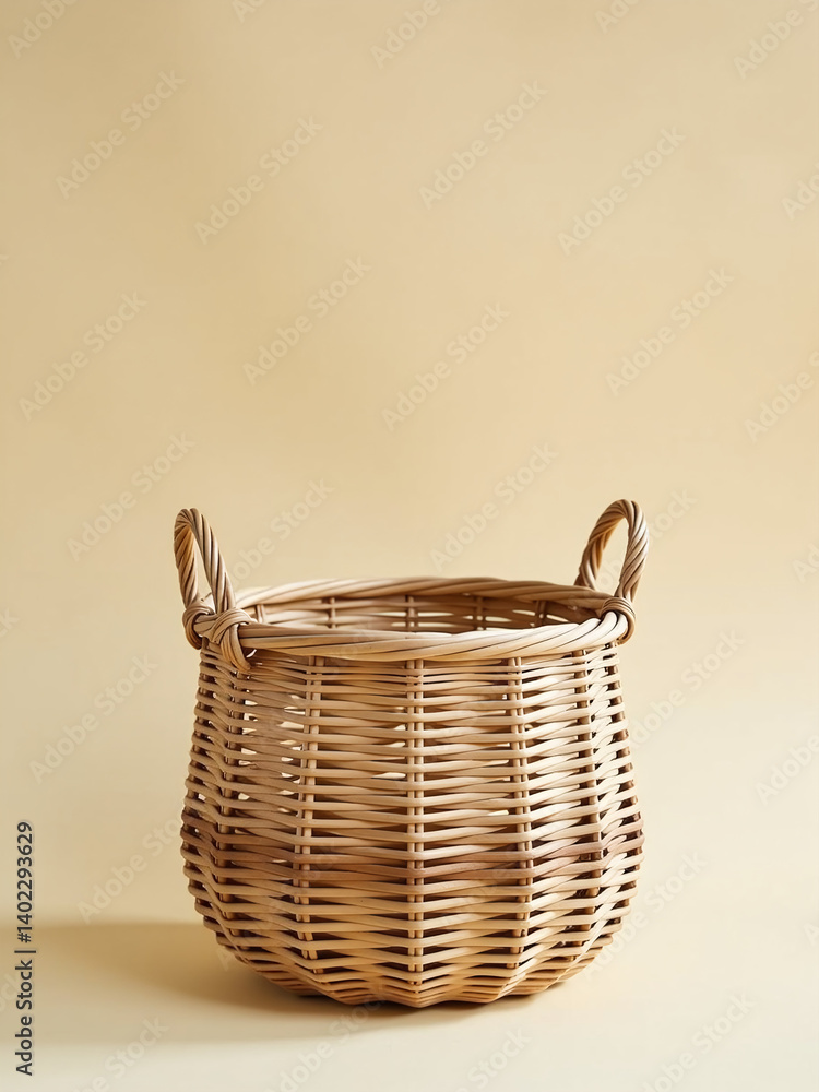 Poster a simple woven wicker basket is set against a neutral beige background, showcasing minimalist design